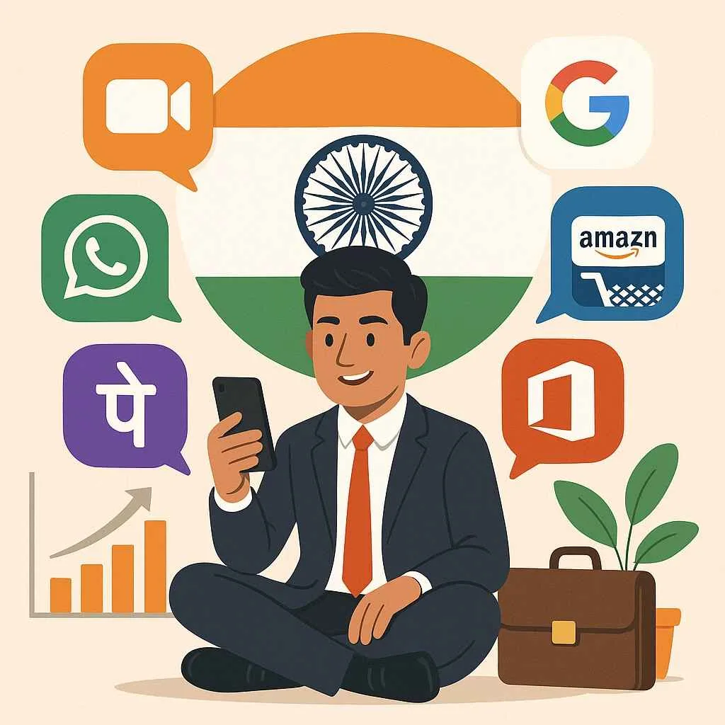 Illustration showing various business apps — mobile devices, charts, cloud icons, communication tools — around an Indian flag motif, symbolizing digital tools for entrepreneurs in India.