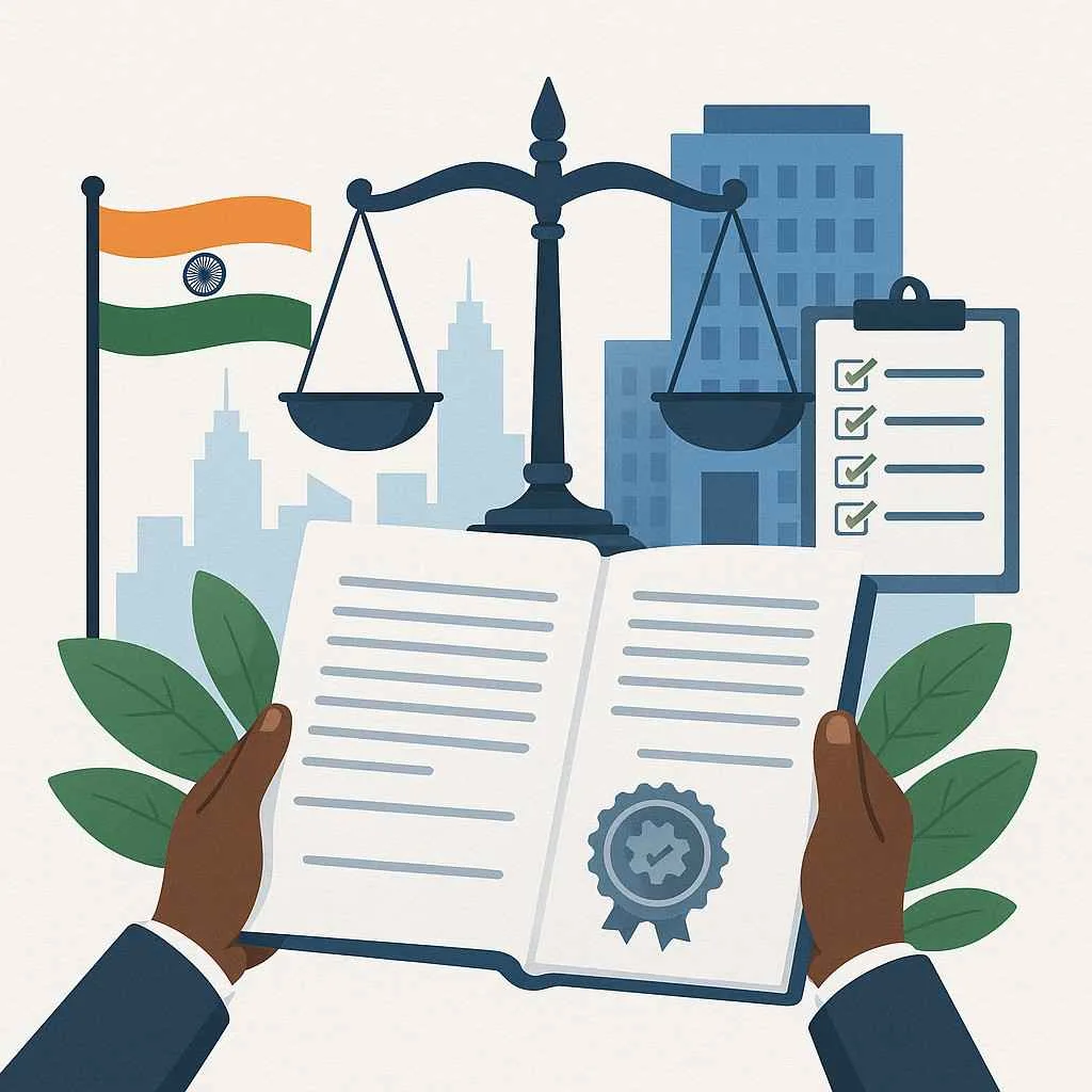 A stylized illustration of India with legal and business icons like a gavel, document, registration stamp, and briefcase around it, representing business regulations and compliance.