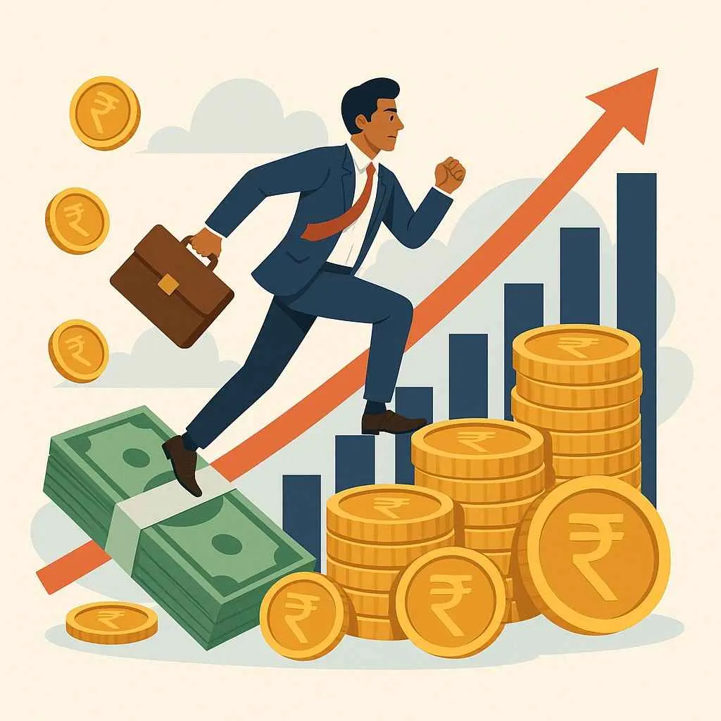 Indian merchants working, invoices, and cash flow arrows moving in and out, with currency symbols.