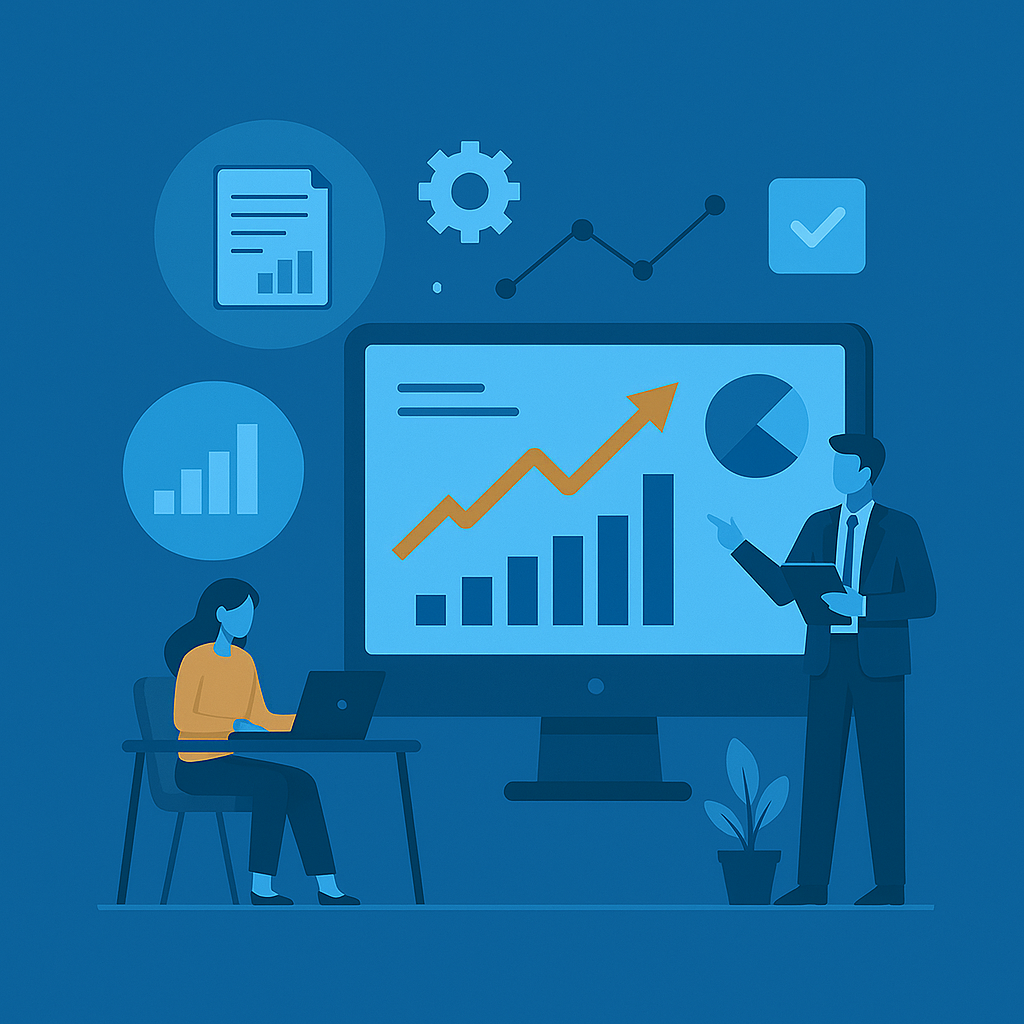 A modern flat-style illustration depicting a professional business setting. A man in a suit presents data charts and graphs on a large monitor, while a woman sits at a desk working on a laptop. Surrounding icons include bar charts, pie charts, documents, and settings, representing data analysis, business growth, and performance metrics.