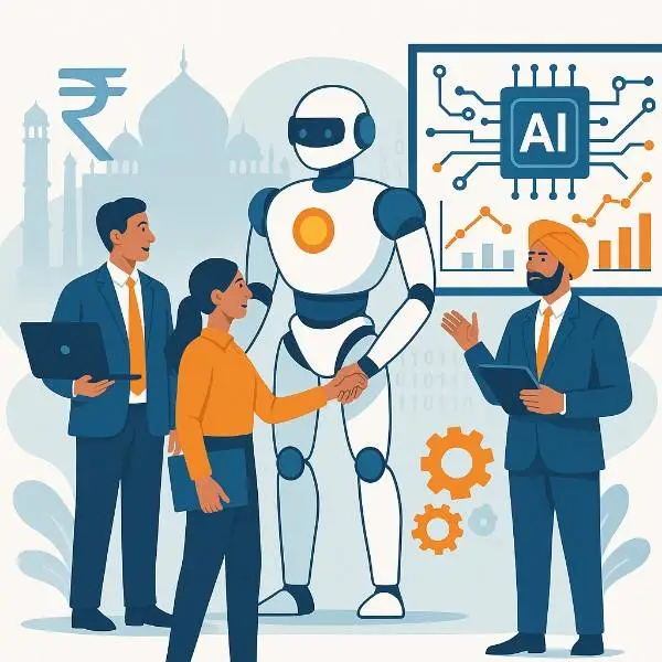 Business professionals analyzing AI adoption trends in Indian B2B industries.