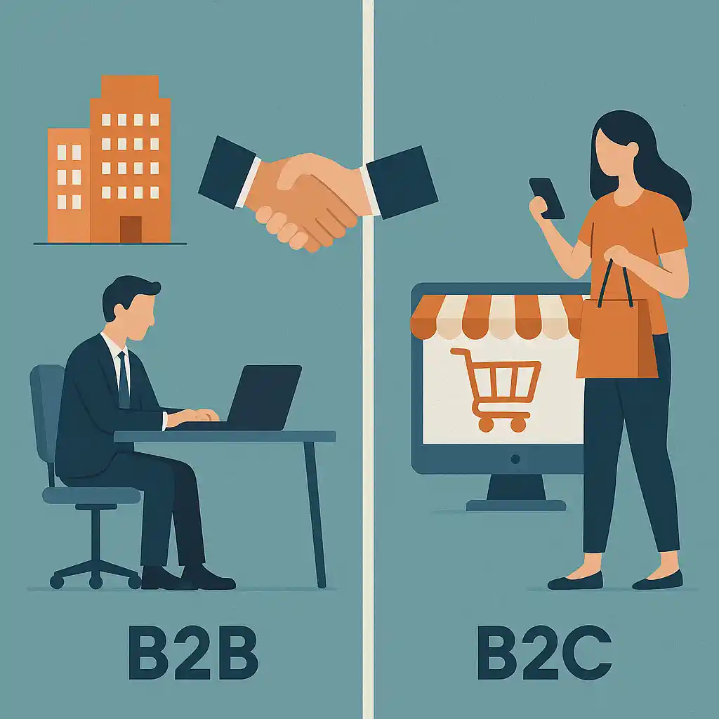 Illustration comparing B2B and B2C models. On the left, a businessman works on a laptop with office buildings in the background, representing B2B. On the right, a woman shops online using her phone, with a shopping cart icon on a monitor, representing B2C.