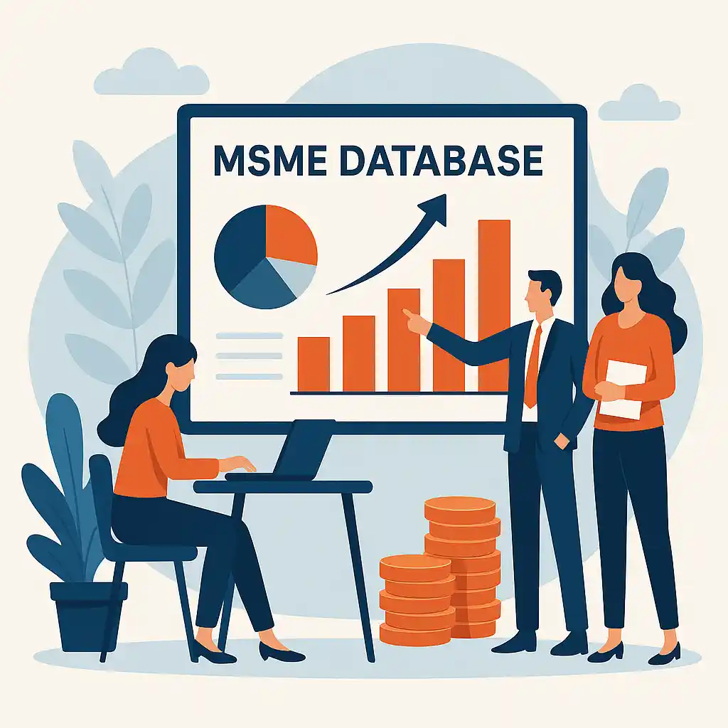 Illustration showing business professionals analyzing MSME database growth with charts, graphs, and financial stacks.