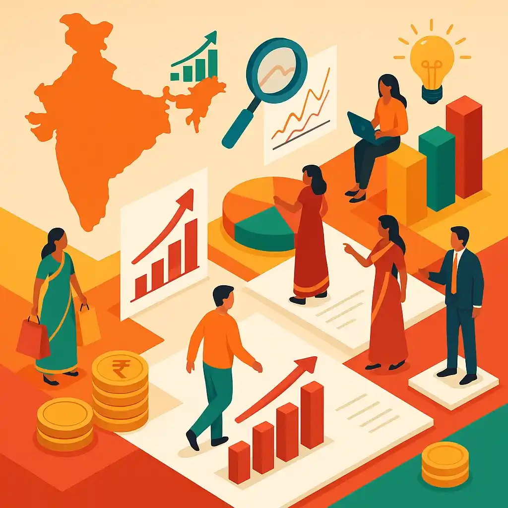 Illustration showing India map, charts, and people analyzing regional HNI consumer data and spending trends in 2025.