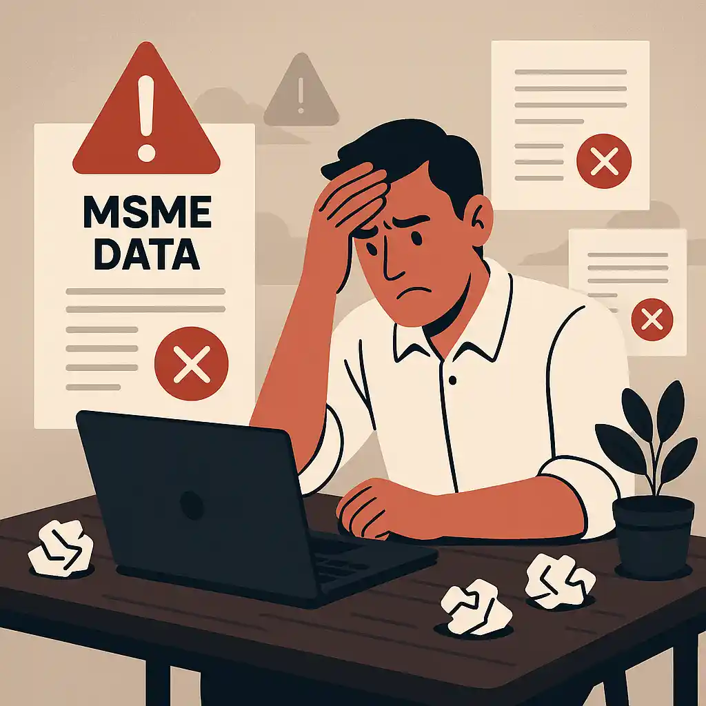 Frustrated businessman sitting at a desk with a laptop, holding his head while surrounded by warning signs and error symbols labeled MSME Data, symbolizing mistakes in MSME data management.