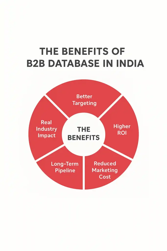Infographic showing the top 5 benefits of B2B database in India: better targeting, higher ROI, reduced marketing cost, long-term pipeline, and real industry impact.