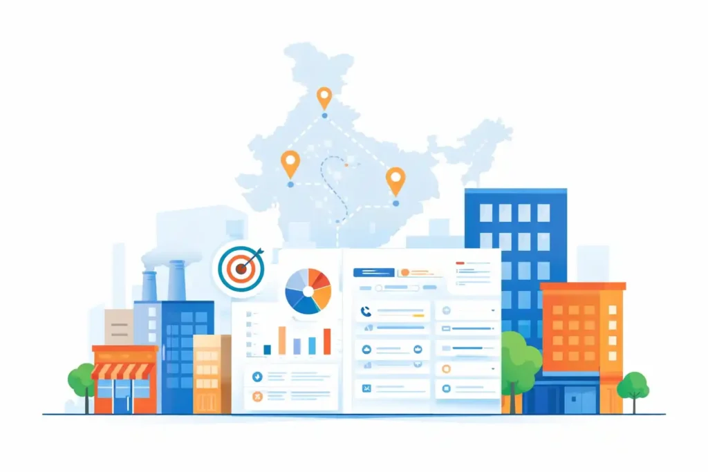 Illustration of MSME Database India showing business buildings, data dashboard, and India map for B2B outreach