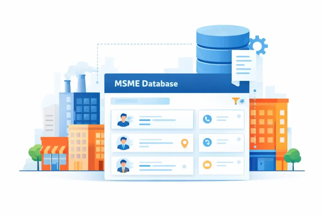 Illustration of MSME Database India showing business registry interface, company records, and database system