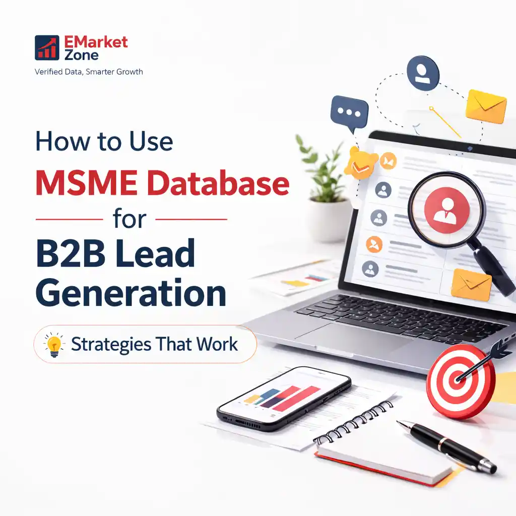 Illustration showing MSME database and business analytics used for B2B lead generation in India by EMarket Zone.