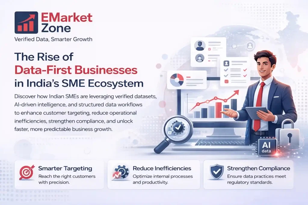 This image explains Rise of data first business in India's SME ecosystem by EMarket Zone