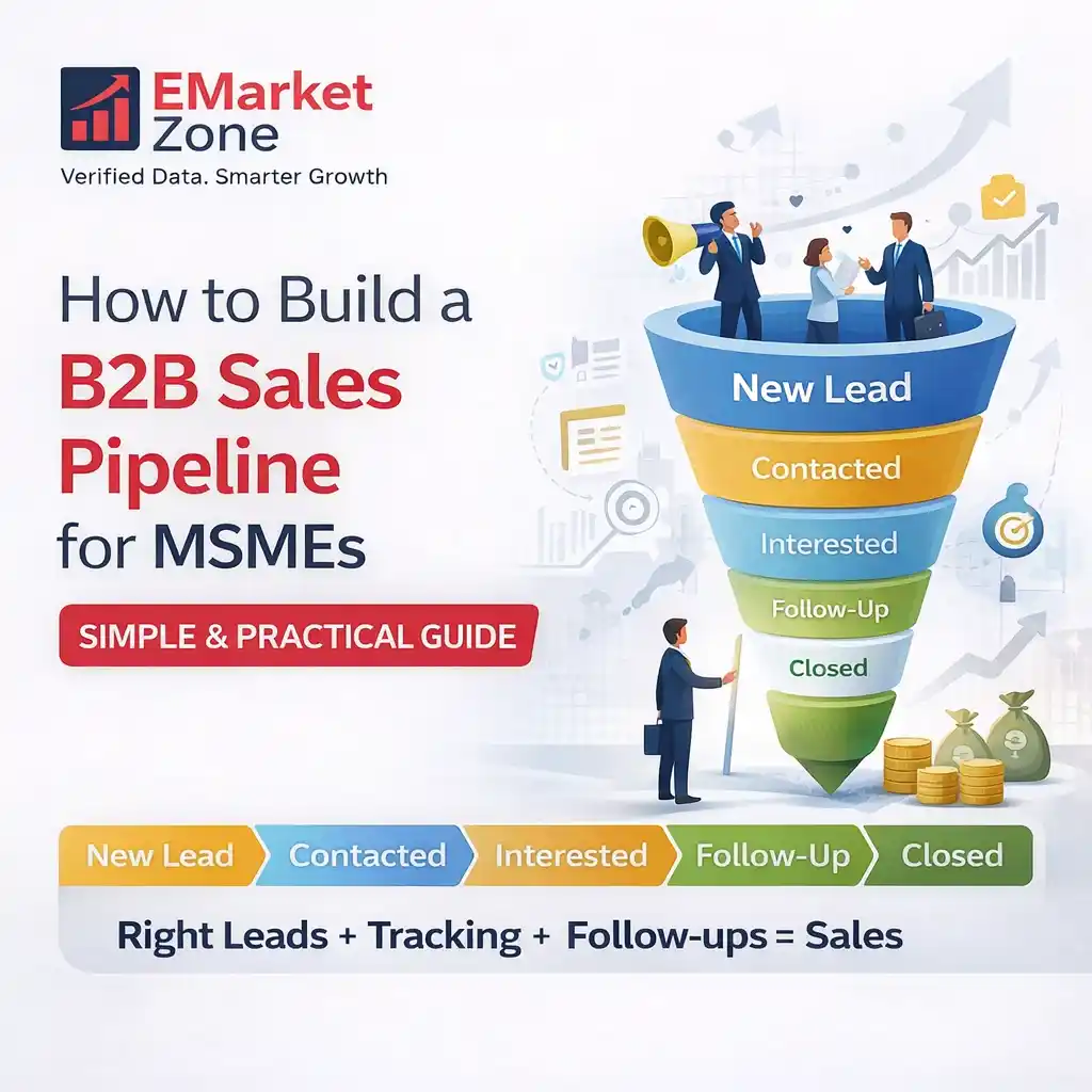 B2B sales pipeline for MSMEs in India showing stages like new lead, contacted, interested, follow-up and closed