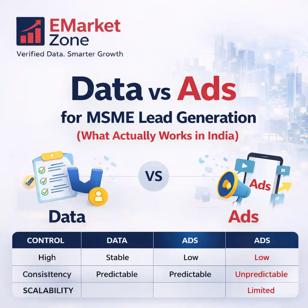 Comparison of data vs ads for MSME lead generation in India showing control, consistency, and scalability differences