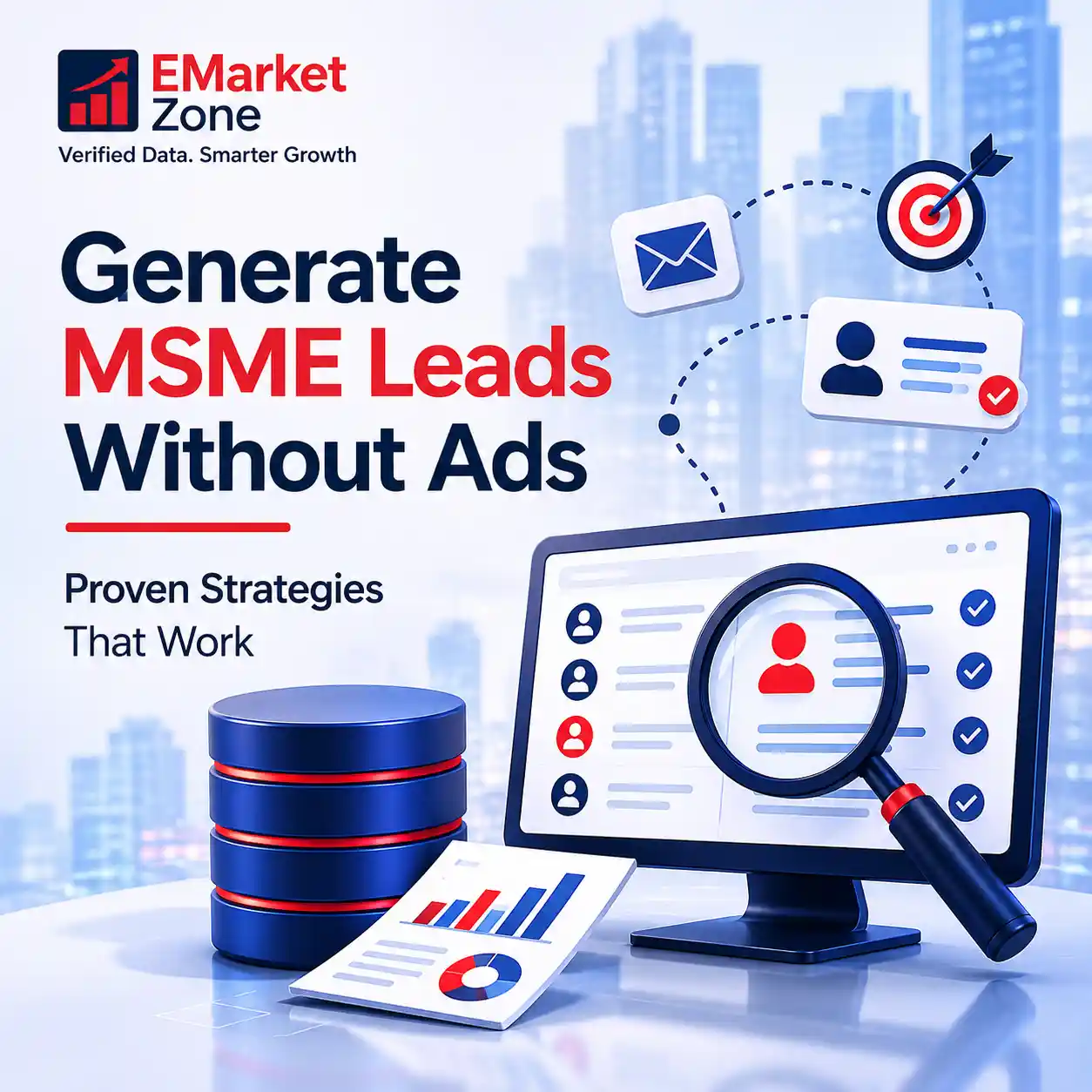 Business lead generation illustration showing database targeting, prospect research, outreach strategy and B2B lead generation process