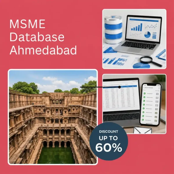 MSME Database Ahmedabad promotional image featuring Adalaj Stepwell, business analytics dashboard, and verified business contact database for B2B marketing.