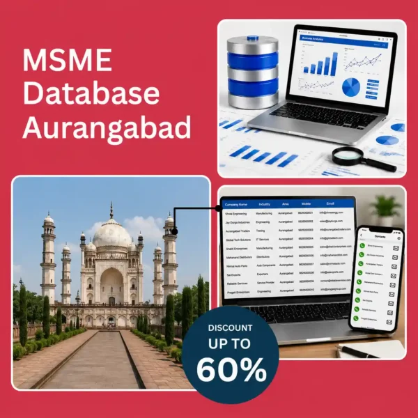 Aurangabad MSME database image featuring Bibi Ka Maqbara, business analytics dashboard, and verified company contact database for B2B lead generation and marketing.
