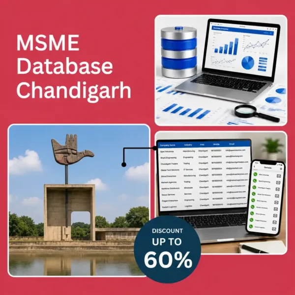 Chandigarh MSME database image featuring Open Hand Monument, business analytics dashboard, and verified company contact database for B2B lead generation and marketing.