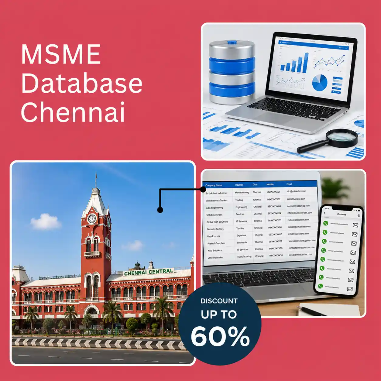 Chennai MSME database image featuring Chennai Central Railway Station, business analytics dashboard, and verified company contact database for B2B marketing and lead generation.