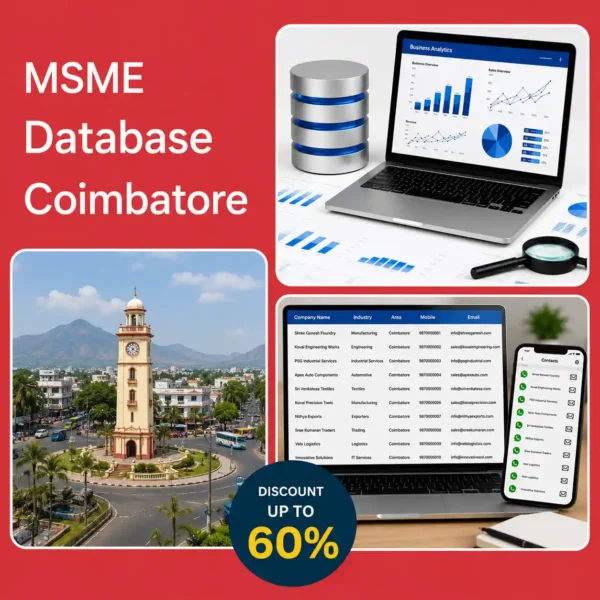 Coimbatore MSME database image featuring Coimbatore Town Hall Clock Tower, business analytics dashboard, and verified company contact database for B2B lead generation and marketing.