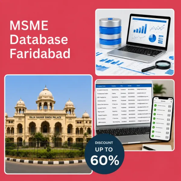 Faridabad MSME database image featuring Raja Nahar Singh Palace, business analytics dashboard, and verified company contact database for B2B marketing and lead generation.