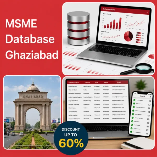Ghaziabad MSME database image featuring Ghaziabad city landmark, business analytics dashboard, and verified company contact database for B2B lead generation and marketing.