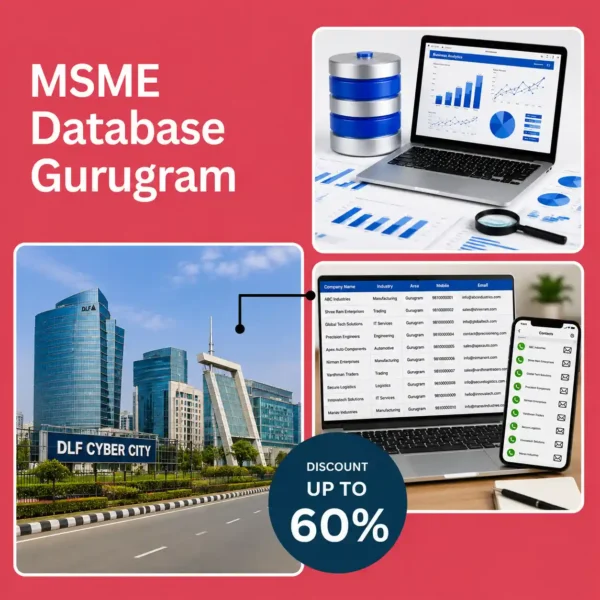 Gurugram MSME database image featuring DLF Cyber City, business analytics dashboard, and verified company contact database for B2B lead generation and marketing.