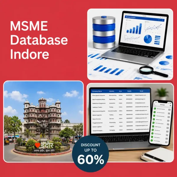 Indore MSME database image featuring Rajwada Palace, business analytics dashboard, and verified company contact database for B2B lead generation and marketing.