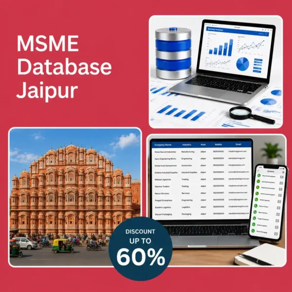 Jaipur MSME database image featuring Hawa Mahal, business analytics dashboard, and verified company contact database for B2B lead generation and marketing.