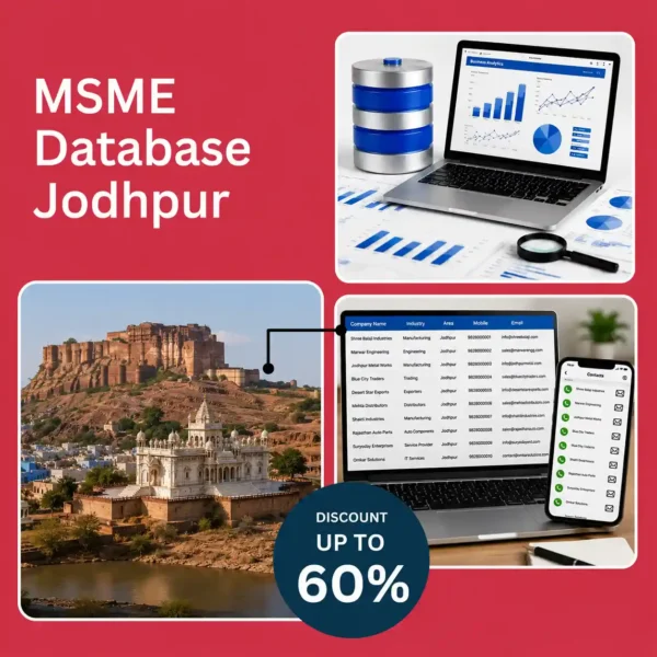 Jodhpur MSME database image featuring Mehrangarh Fort, business analytics dashboard, and verified company contact database for B2B lead generation and marketing.