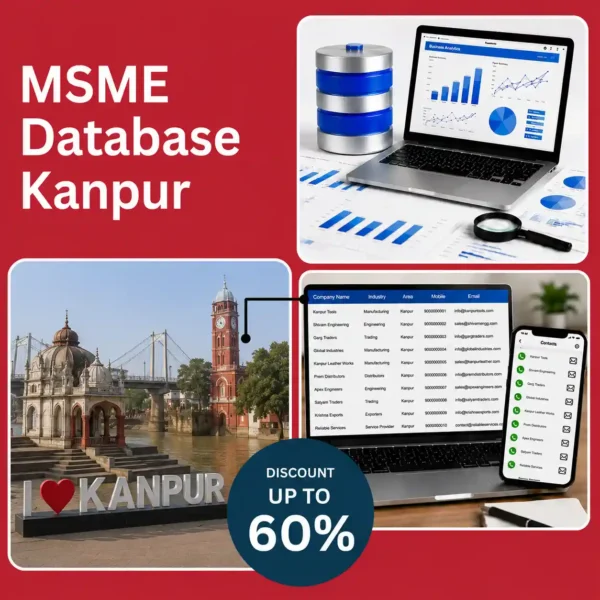 Kanpur MSME database image featuring Kanpur city landmark, business analytics dashboard, and verified company contact database for B2B lead generation and marketing.