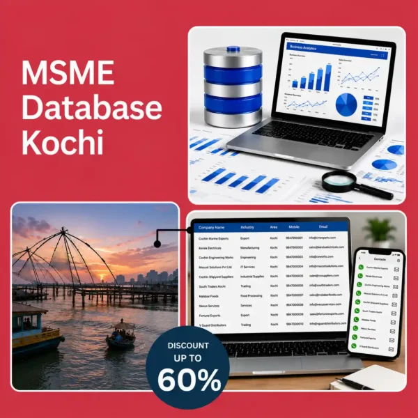 Kochi MSME database image featuring Chinese Fishing Nets, business analytics dashboard, and verified company contact database for B2B lead generation and marketing.