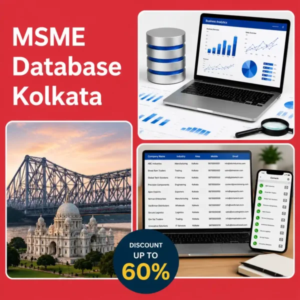 Kolkata MSME database image featuring Howrah Bridge, Victoria Memorial, business analytics dashboard, and verified company contact database for B2B lead generation and marketing.