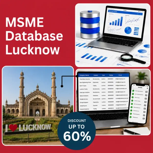 Lucknow MSME database image featuring Rumi Darwaza, business analytics dashboard, and verified company contact database for B2B lead generation and marketing.