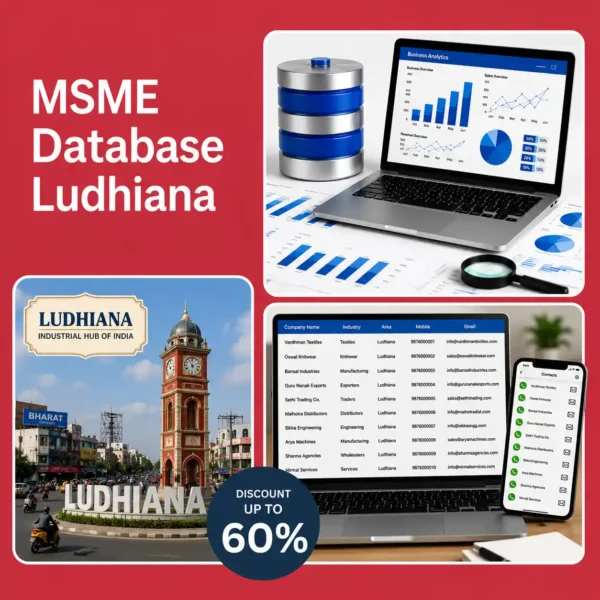 Ludhiana MSME database image featuring Ludhiana city landmark, business analytics dashboard, and verified company contact database for B2B lead generation and marketing.