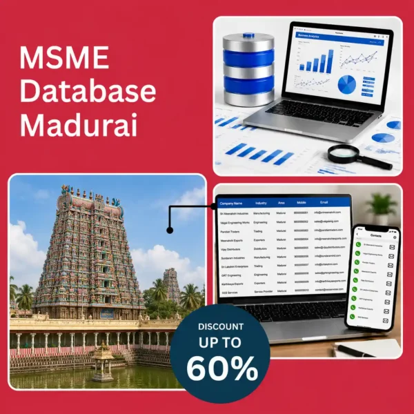 Madurai MSME database image featuring Meenakshi Amman Temple, business analytics dashboard, and verified company contact database for B2B lead generation and marketing.