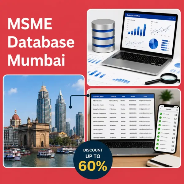 Mumbai MSME database image featuring Gateway of India, business analytics dashboard, and verified company contact database for B2B lead generation and marketing.