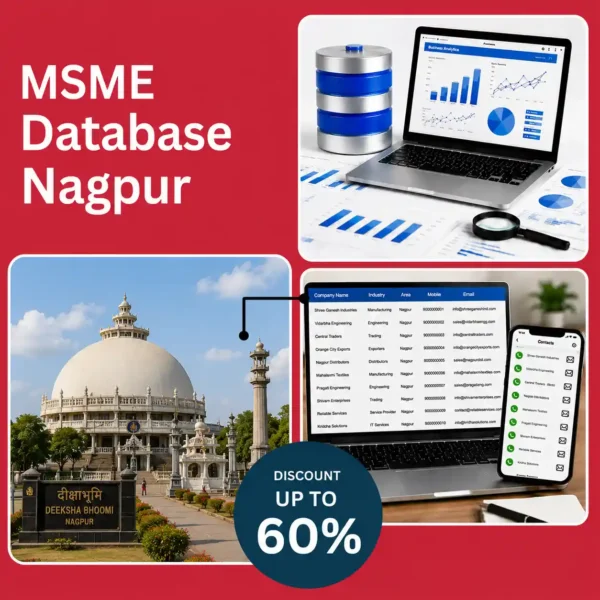 Nagpur MSME database image featuring Deekshabhoomi, business analytics dashboard, and verified company contact database for B2B lead generation and marketing.