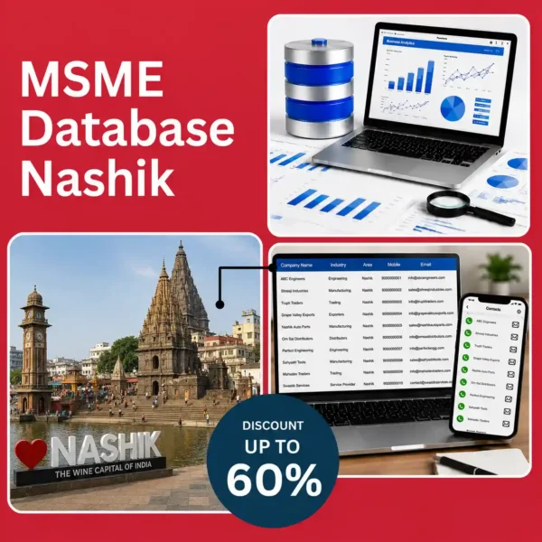 Nashik MSME database image featuring Panchavati and Kalaram Temple, business analytics dashboard, and verified company contact database for B2B lead generation and marketing.