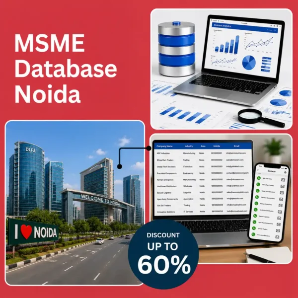 Noida MSME database image featuring Noida business district, business analytics dashboard, and verified company contact database for B2B lead generation and marketing.