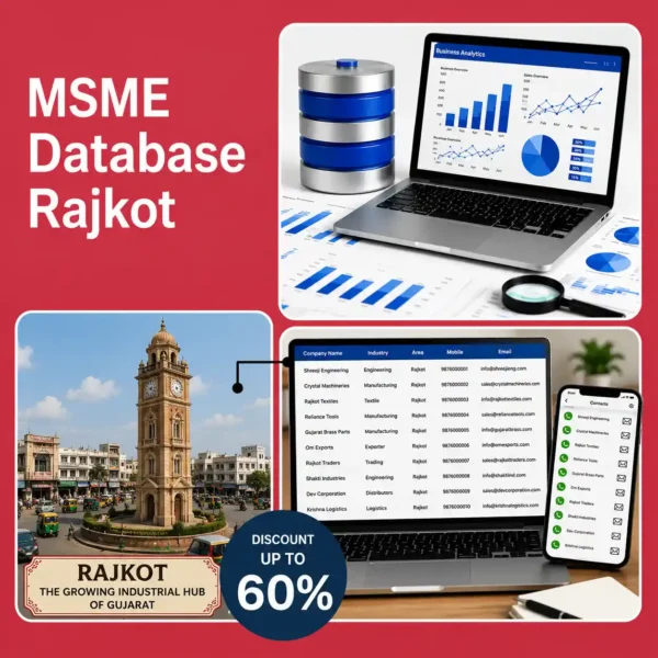 Rajkot MSME database image featuring Rajkot city landmark, business analytics dashboard, and verified company contact database for B2B lead generation and marketing.