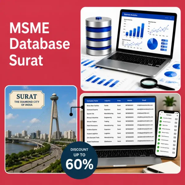 Surat MSME database image featuring Surat city landmark, business analytics dashboard, and verified company contact database for B2B lead generation and marketing.