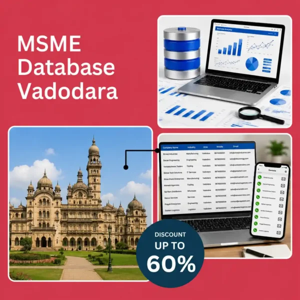 Vadodara MSME database image featuring Lakshmi Vilas Palace, business analytics dashboard, and verified company contact database for B2B lead generation and marketing.