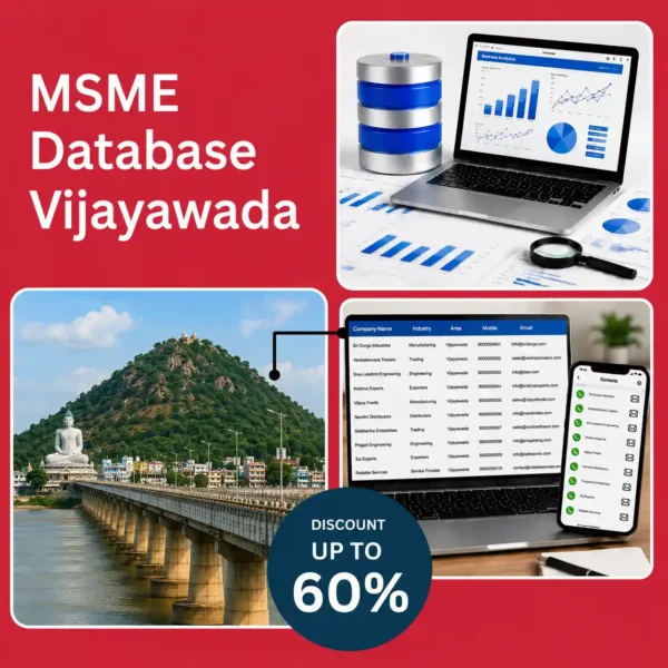 Vijayawada MSME database image featuring Prakasam Barrage and Kanaka Durga Temple, business analytics dashboard, and verified company contact database for B2B lead generation and marketing.