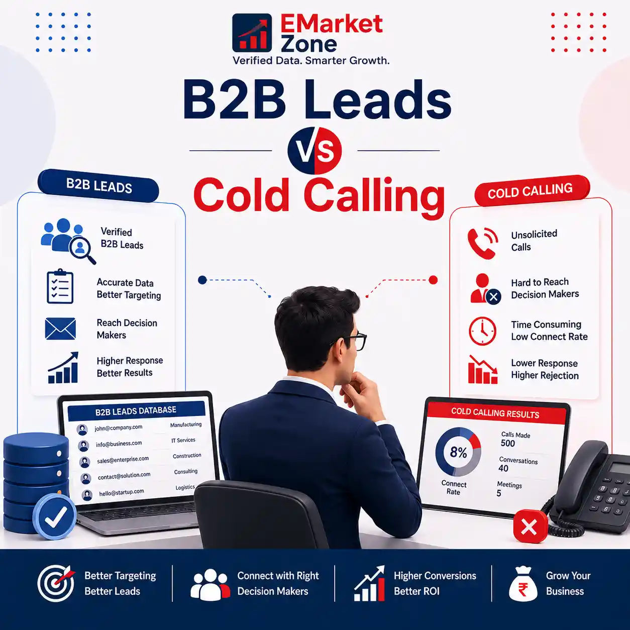 B2B leads database versus cold calling comparison showing lead generation strategies for business growth and customer acquisition