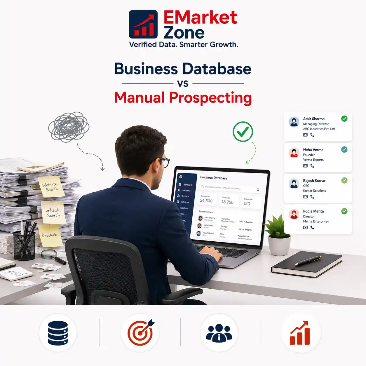 Business database versus manual prospecting illustration showing digital lead generation, verified business contacts, and sales prospecting methods