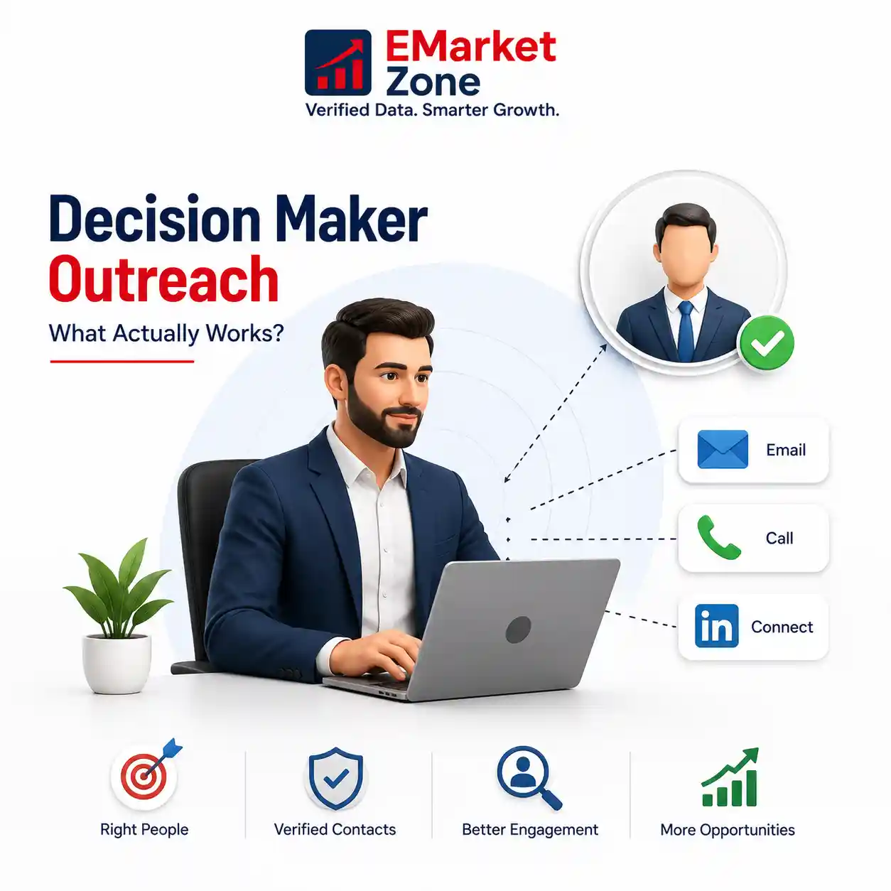 Decision maker outreach illustration showing direct communication with business owners, founders, and executives using email, phone, and LinkedIn
