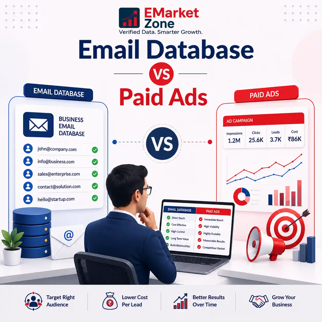 Email database versus paid advertising comparison for B2B lead generation and business growth