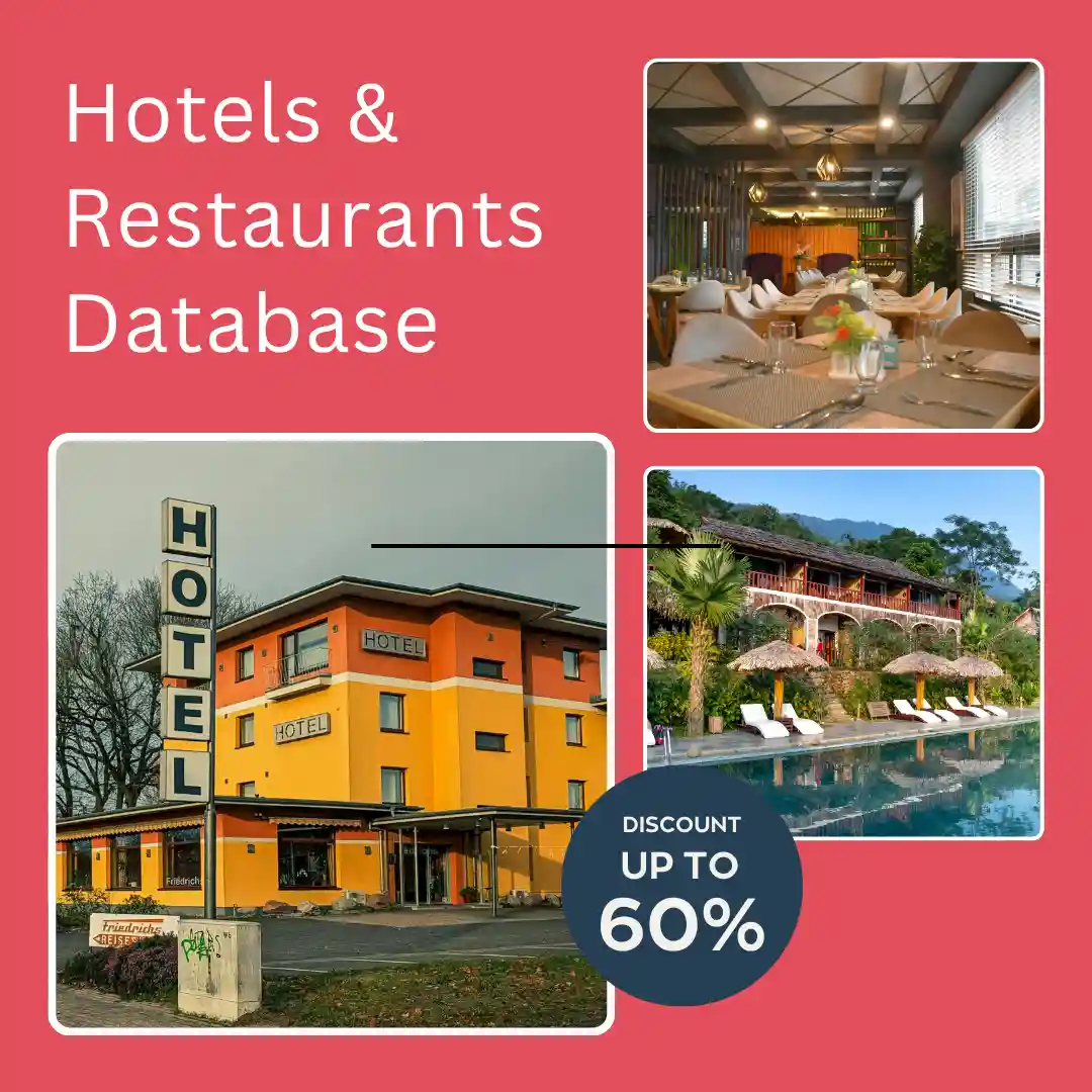 Hotels & Restaurants Database India with 53,000+ verified hotels, restaurants, cafés, resorts, and hospitality business contacts.