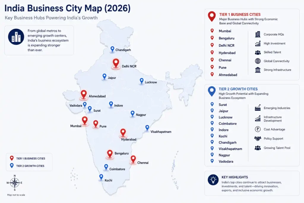 **Map of India highlighting major business cities in 2026, categorized into Tier 1 Business Cities and Tier 2 Growth Cities. Tier 1 cities include Mumbai, Bengaluru, Delhi NCR, Hyderabad, Chennai, Pune, and Ahmedabad, recognized for corporate headquarters, high investment, skilled talent, global connectivity, and strong infrastructure. Tier 2 growth cities include Surat, Jaipur, Lucknow, Coimbatore, Indore, Kochi, Chandigarh, Visakhapatnam, Nagpur, and Vadodara, noted for emerging industries, infrastructure development, cost advantages, policy support, and expanding talent pools. The infographic also features key highlights emphasizing the role of these cities in attracting businesses, investment, innovation, exports, and long-term economic growth across India.