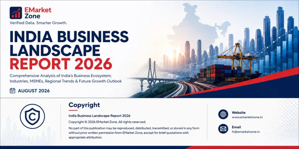 Cover of the India Business Landscape Report 2026 by EMarket Zone featuring India's skyline, business growth, logistics infrastructure, and market intelligence.