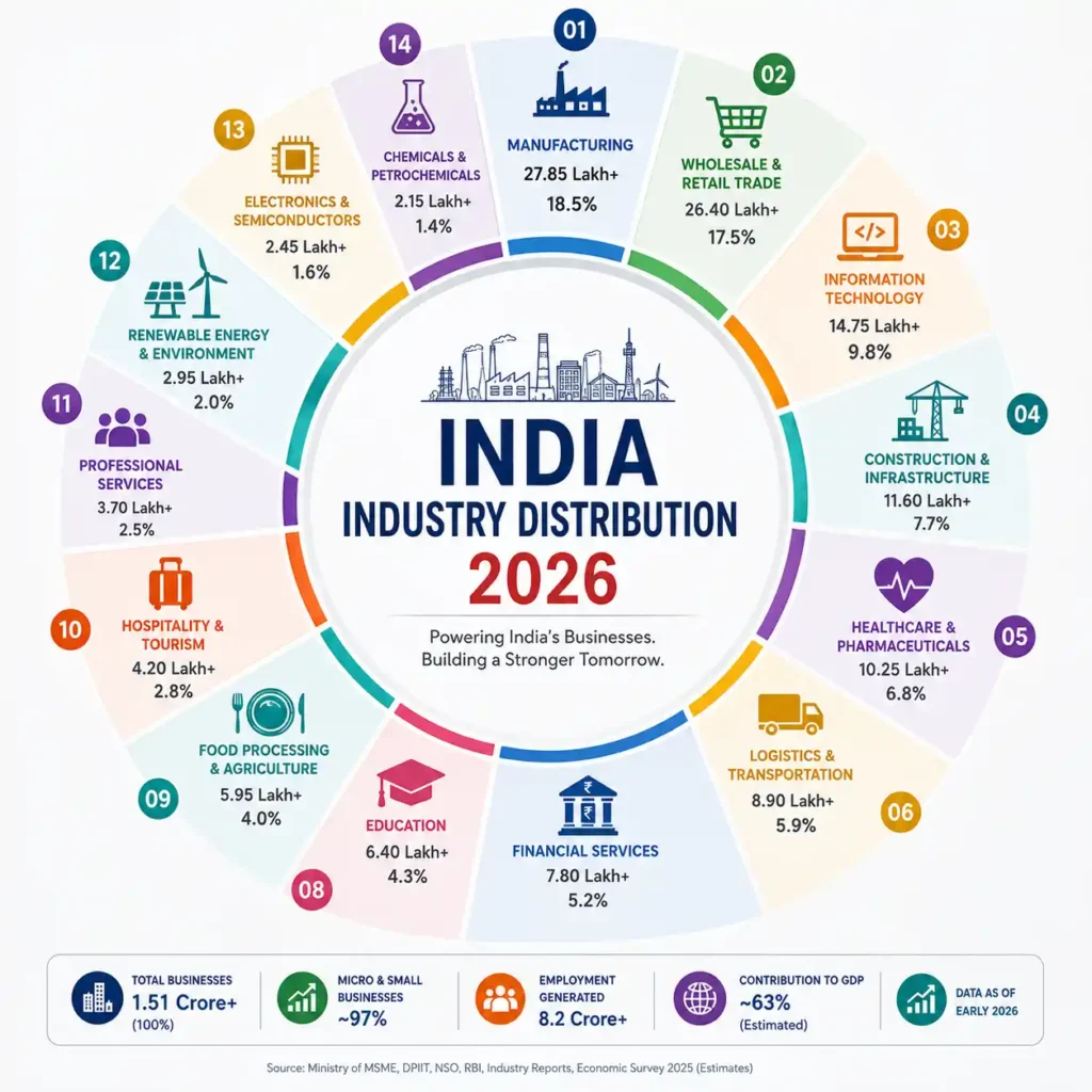 **Circular infographic showing the distribution of businesses across 14 major industries in India for 2026. Manufacturing leads with 27.85 lakh businesses (18.5%), followed by Wholesale & Retail Trade with 26.40 lakh (17.5%), Information Technology with 14.75 lakh (9.8%), Construction & Infrastructure with 11.60 lakh (7.7%), Healthcare & Pharmaceuticals with 10.25 lakh (6.8%), Logistics & Transportation with 8.90 lakh (5.9%), Financial Services with 7.80 lakh (5.2%), Education with 6.40 lakh (4.3%), Food Processing & Agriculture with 5.95 lakh (4.0%), Hospitality & Tourism with 4.20 lakh (2.8%), Professional Services with 3.70 lakh (2.5%), Renewable Energy & Environment with 2.95 lakh (2.0%), Electronics & Semiconductors with 2.45 lakh (1.6%), and Chemicals & Petrochemicals with 2.15 lakh (1.4%). The infographic also highlights key business statistics, including over 1.51 crore businesses, approximately 97% micro and small businesses, employment generation of over 8.2 crore people, an estimated 63% contribution to GDP, and data based on early 2026 estimates from the Ministry of MSME, DPIIT, NSO, RBI, industry reports, and the Economic Survey.